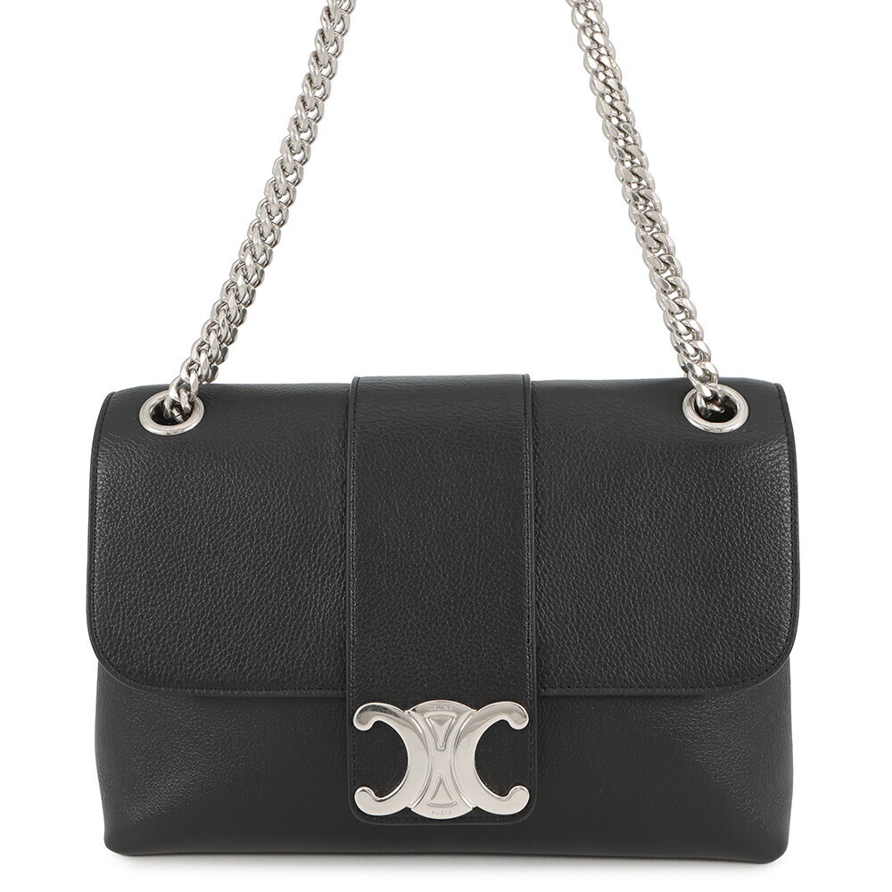 Celine Chain Shoulder Bag Triomphe Victoire Calf Leather Black